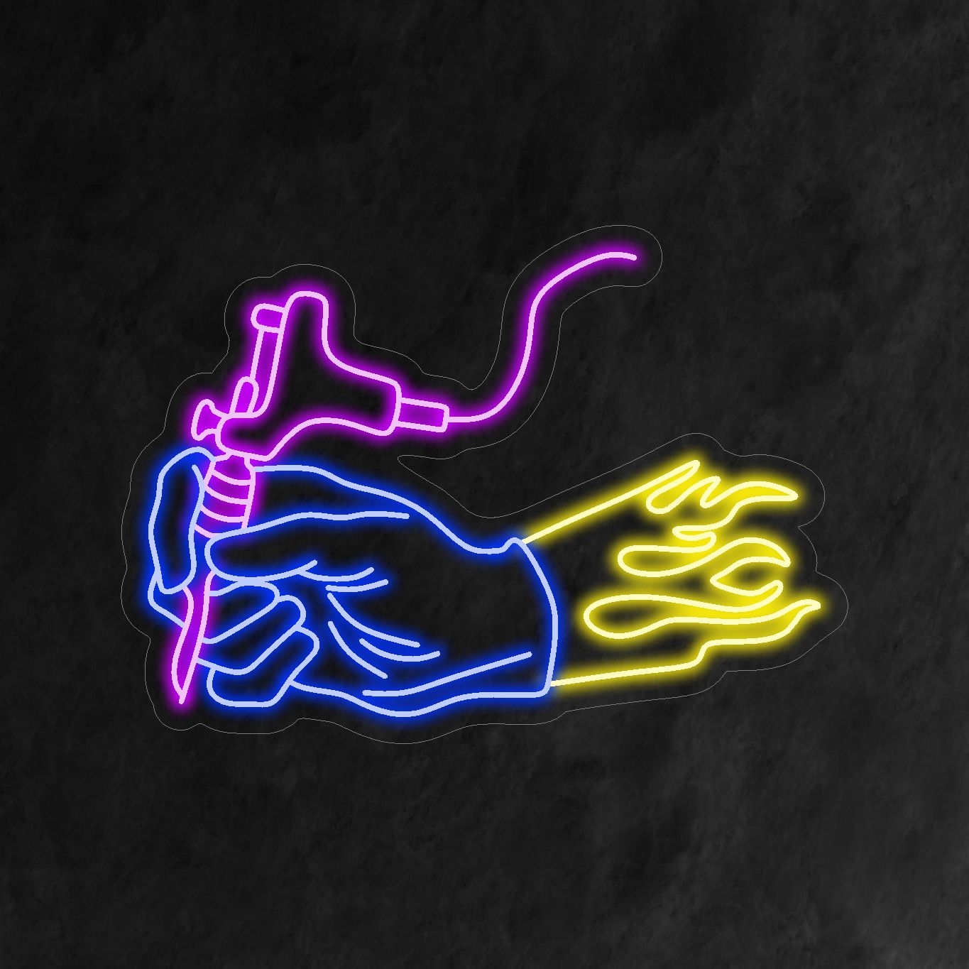 "Hand Holding Tattoo Machine Neon Sign" - Een eerbetoon aan de kunst van het tatoeëren, perfect voor tattoostudio's en -salons die zich toeleggen op het creëren van blijvende en betekenisvolle lichaamsversieringen.