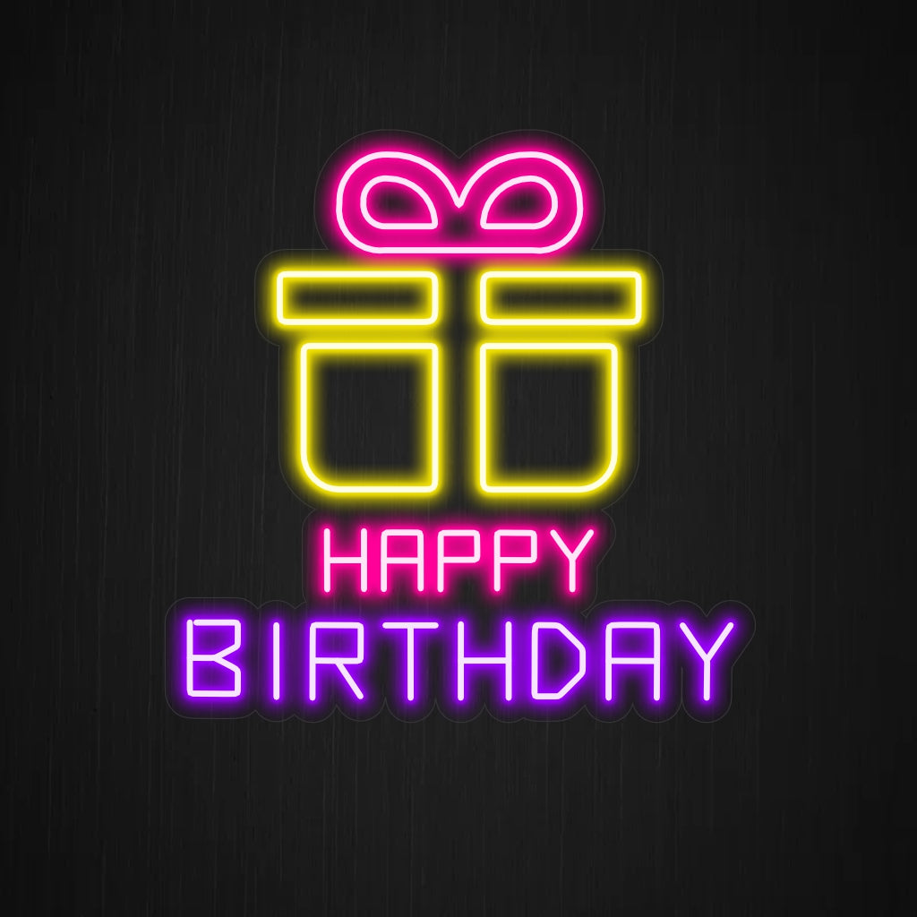 "Happy Birthday With Gift Neon Sign" - Straalt de vreugde van het geven van cadeaus uit, perfect voor verjaardagsvieringen en souvenirwinkels, waar de geest van het geven wordt gevierd.