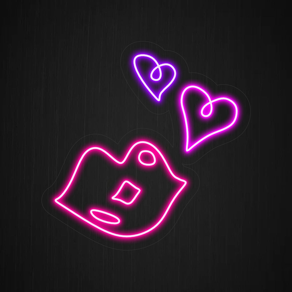 "Hearts and Sexy Lips Neon Sign" - Combineert passie met een vleugje sensualiteit, perfect voor nachtclubs, uitgaansgelegenheden voor volwassenen en elke ruimte die een betoverende en provocerende sfeer wil creëren.