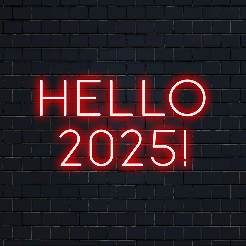 Kleurrijk LED-neonbord met de tekst Hello 2025! voor een levendige woondecoratie of feestelijke sfeer. Op maat gemaakt voor een moderne, esthetische uitstraling.