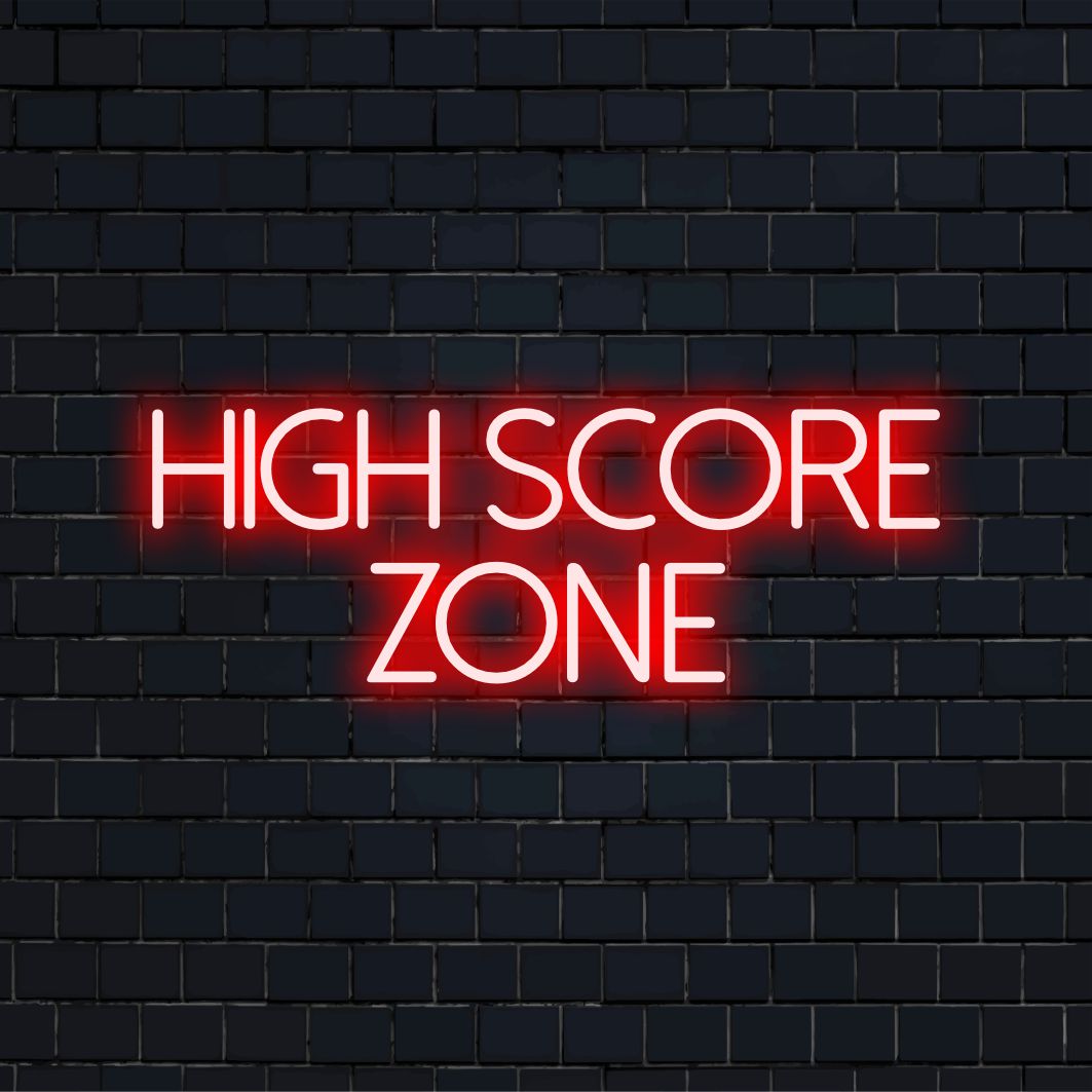 LED-neonreclame met de tekst 'High Score Zone', met levendige kleuren en een speels design. Ideaal als gaming-muurdecoratie.