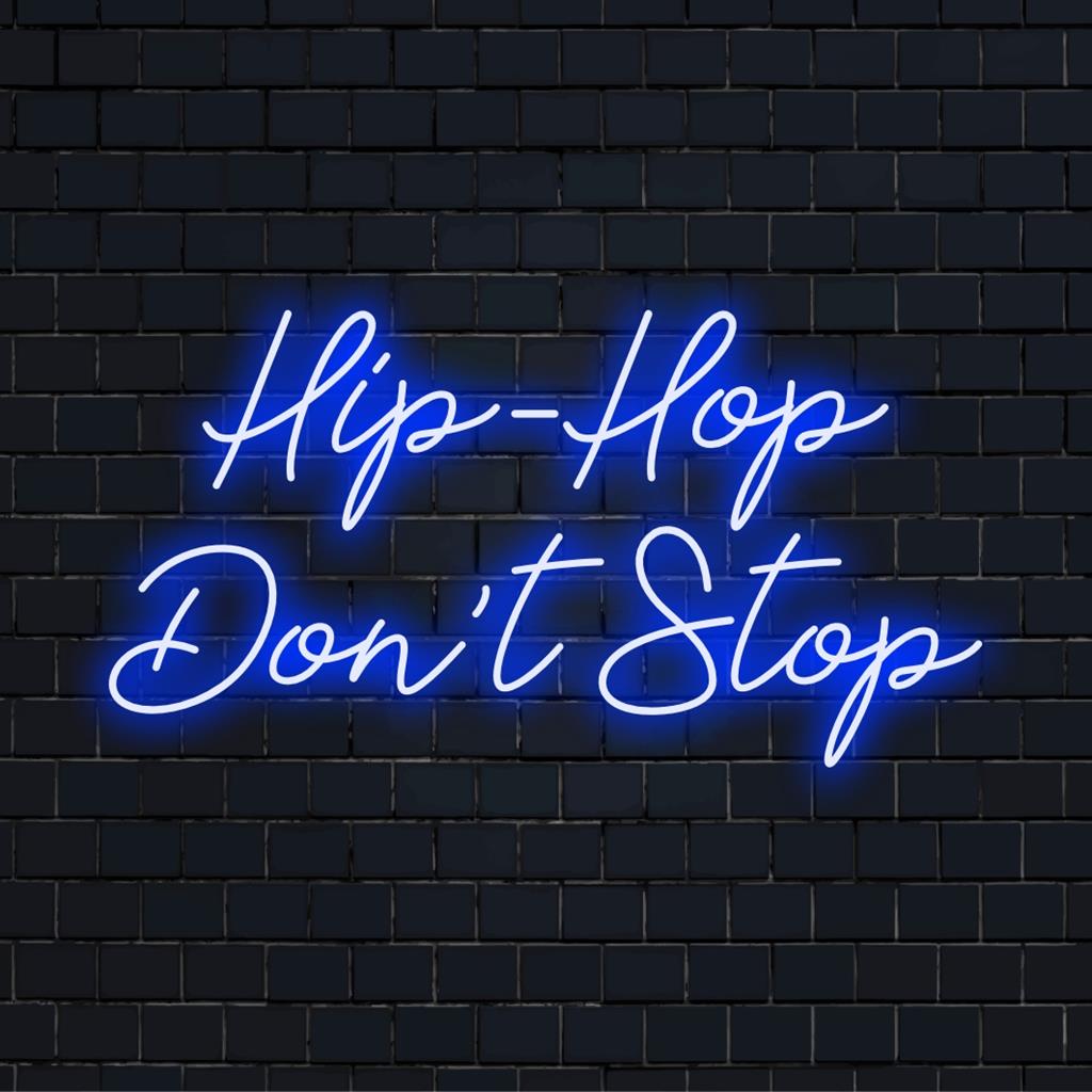 Hip-Hop Don't Stop LED-neonreclame met energieke neongloed; ideaal decoratief item voor muziekliefhebbers en levendige omgevingen.
