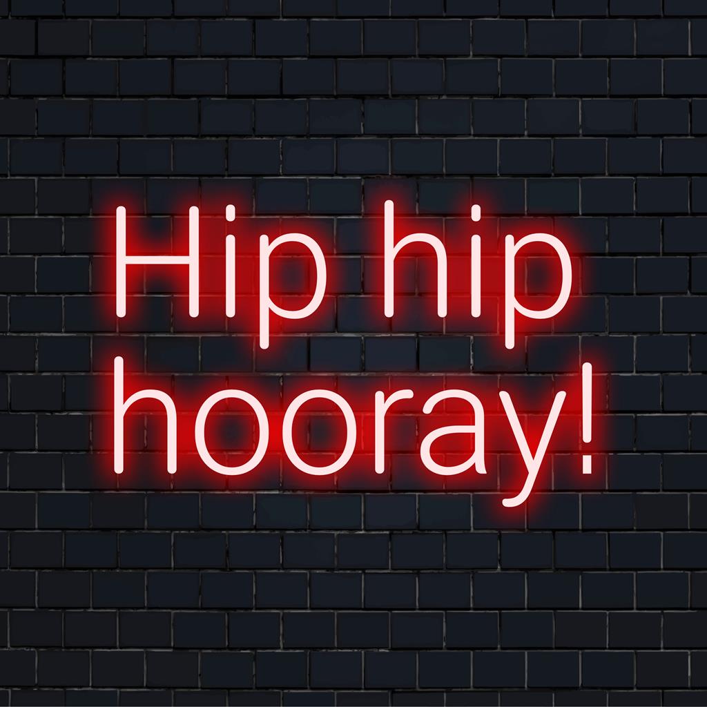 Levendig LED-neonbord met de tekst Hip Hip Hooray! in vrolijke typografie; perfect voor levendige feesten en decoraties.