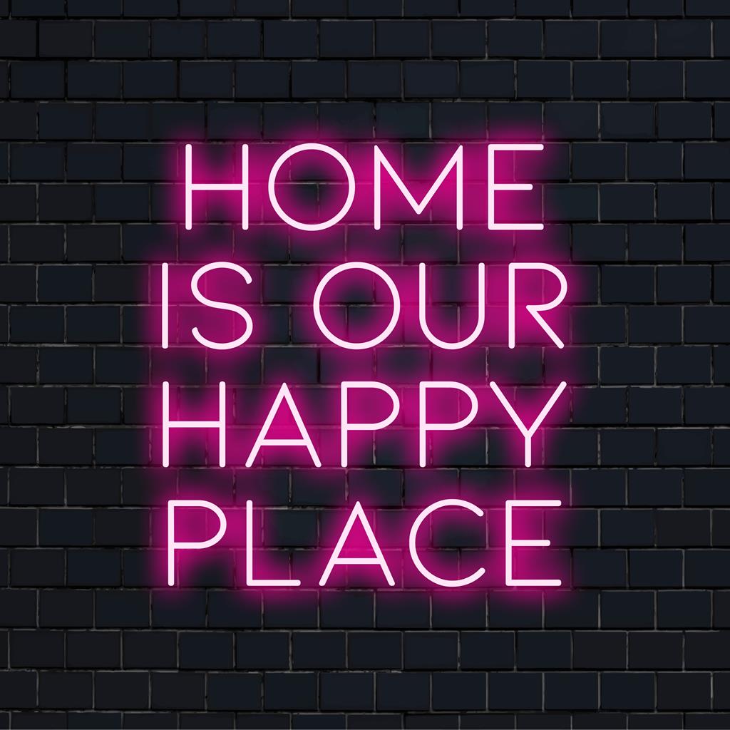 LED-neonreclame met de tekst Home Is Our Happy Place, ideaal om een warme gloed en een persoonlijk tintje aan uw interieur toe te voegen.