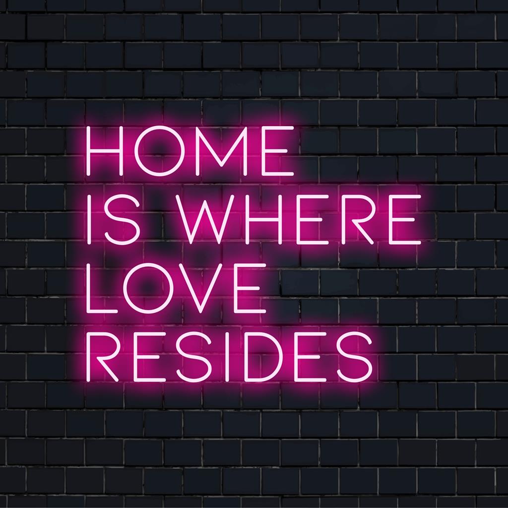 Levendig LED-neonbord met de tekst Home Is Where Love Resides: het perfecte decor voor een hartverwarmende sfeer en een gezellige sfeer.