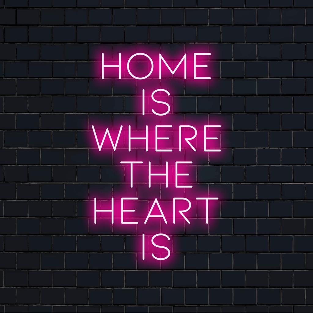 Op maat gemaakt LED-neonbord met de tekst Home Is Where The Heart Is, perfect voor het verlichten van uw leefruimte met gezellige charme.