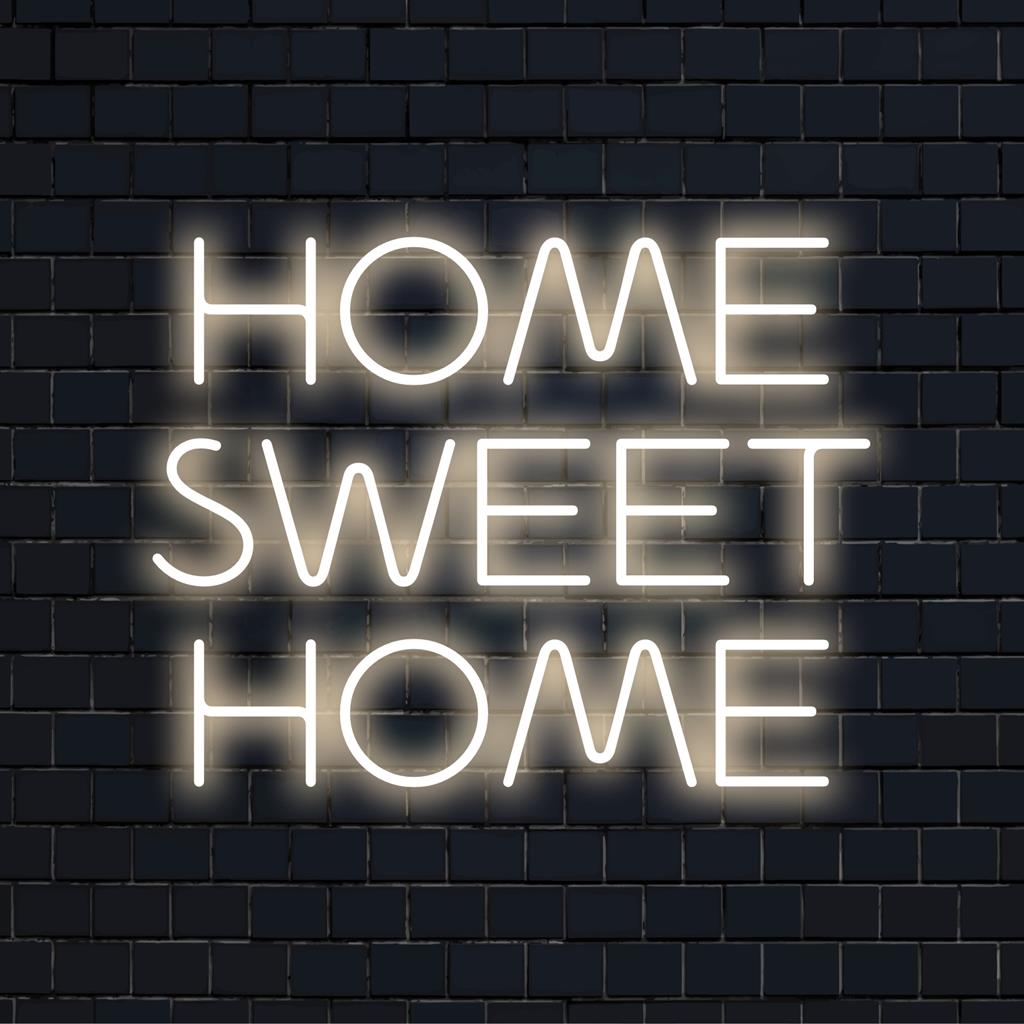 Een op maat gemaakt LED-neonbord met de tekst 'Home Sweet Home' in levendige kleuren. Ideaal om elke ruimte een persoonlijke charme te geven.
