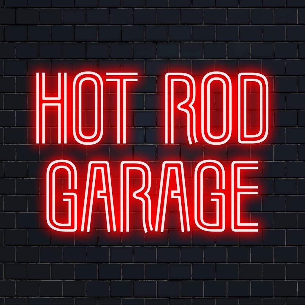 Op maat gemaakt Hot Road Garage LED-neonbord met strakke typografie; een stijlvol pronkstuk voor uw muur, dat elke ruimte verfraait met een levendige gloed.