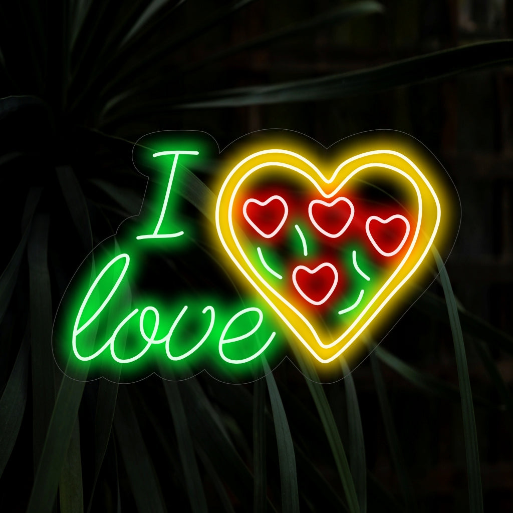 "I Love Pizza Neon Sign" - Een leuke en levendige toevoeging voor pizzaliefhebbers, met de liefdesverklaring voor pizza, wat een levendige en smakelijke sfeer creëert.