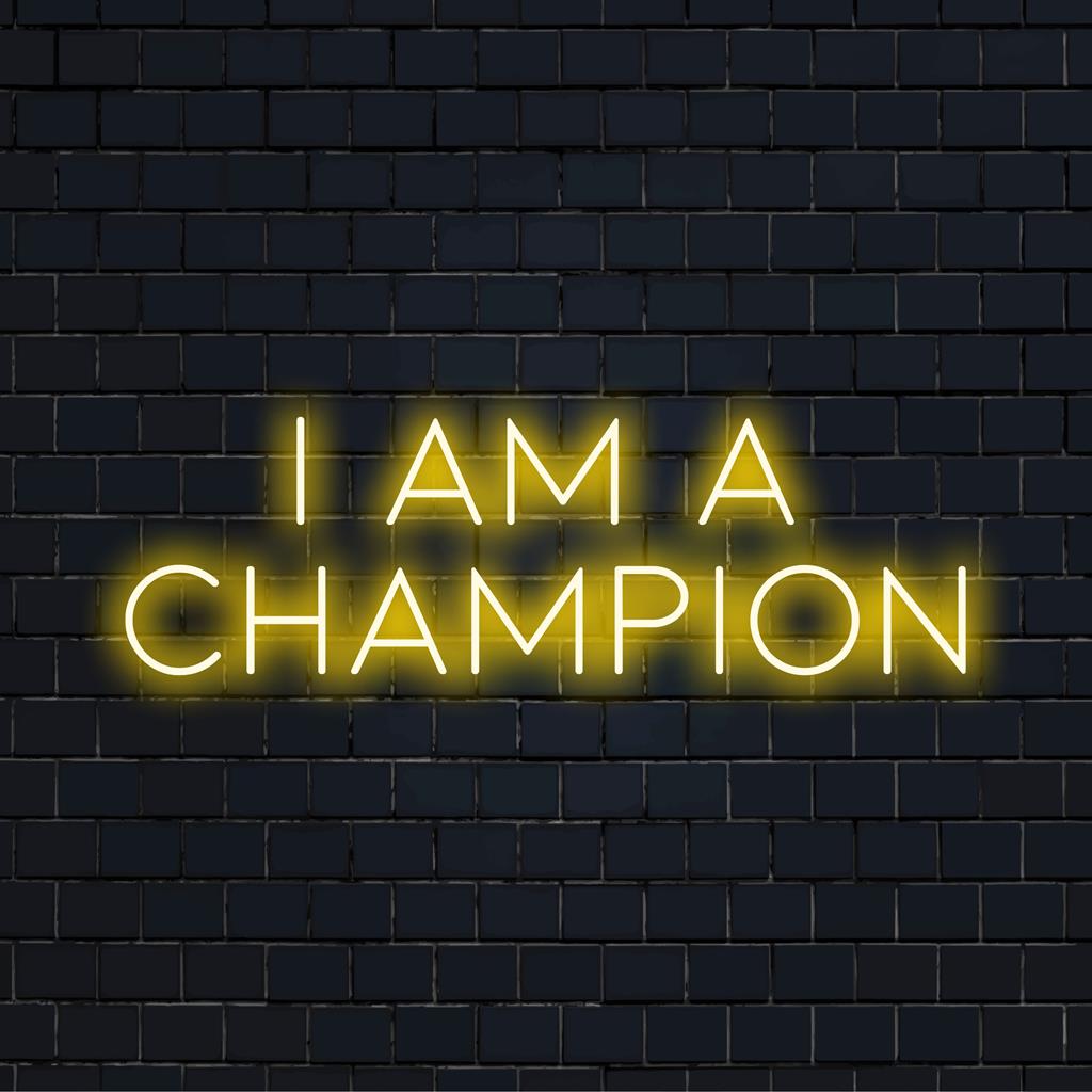 LED-neonreclame met de afbeelding I Am A Champion, perfect voor het maken van motiverende neonkunst aan de muur of gepersonaliseerde decoratie.