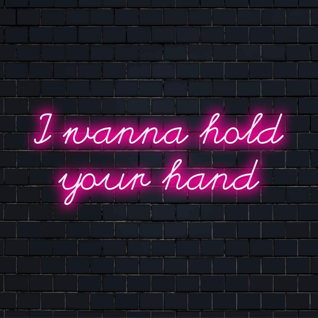 Op maat gemaakt LED-neonbord met retrotekst: I Wanna Hold Your Hand. Perfect voor neon wanddecoratie of gepersonaliseerde neondecoratie.