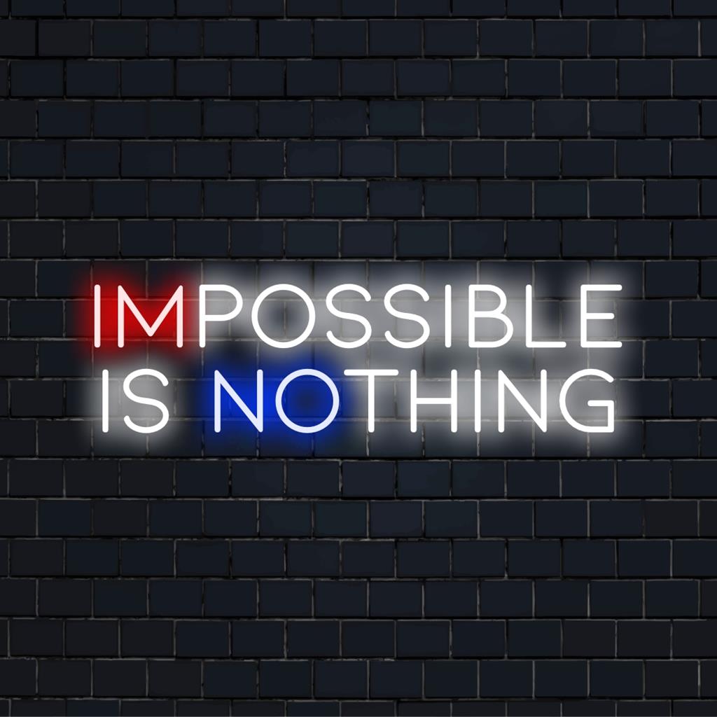 Een gedetailleerd, op maat gemaakt LED-neonbord met de tekst Impossible Is Nothing, ideaal als motiverende neonverlichtingsdecoratie.
