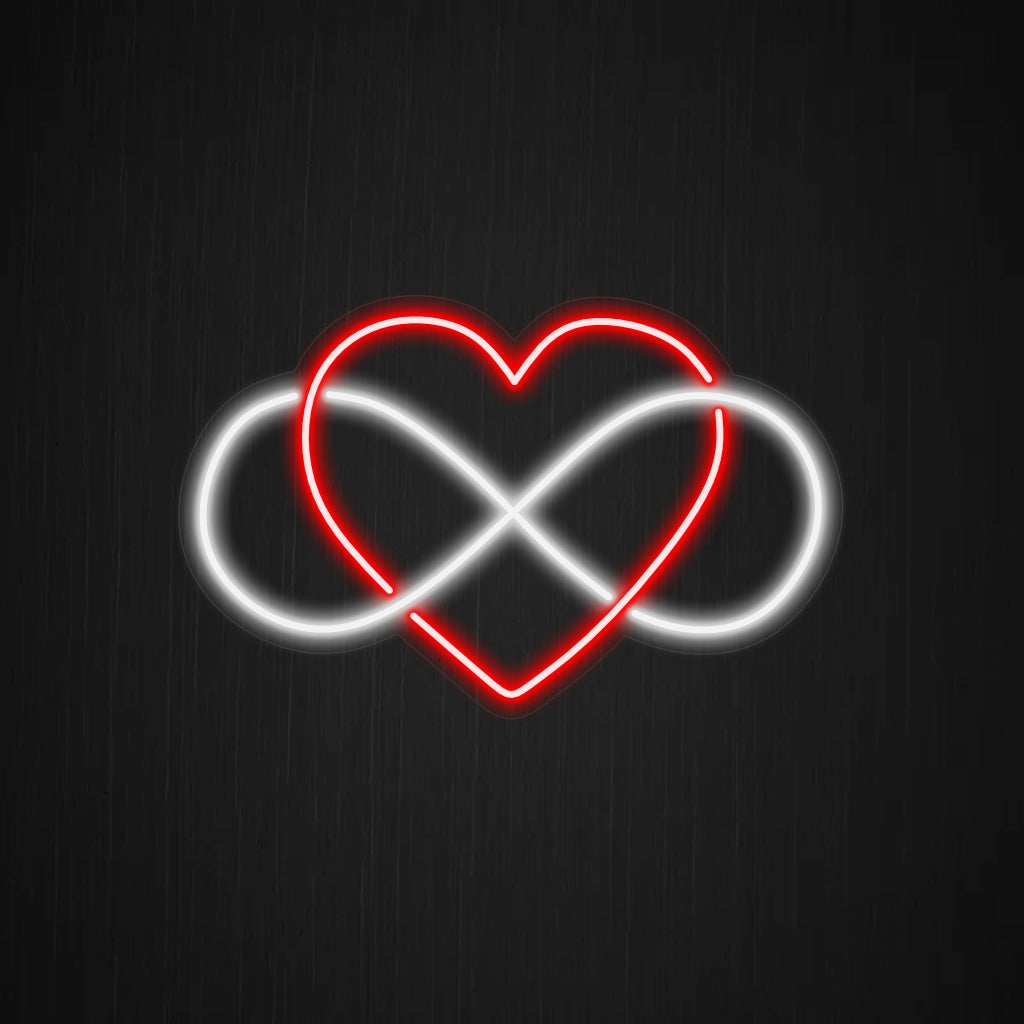 "Infinity Heart Neon Sign" - Dit betoverende neonlicht is een symbool van eeuwige liefde en voegt met zijn warme gloed een romantische en tijdloze toets toe aan elke ruimte.