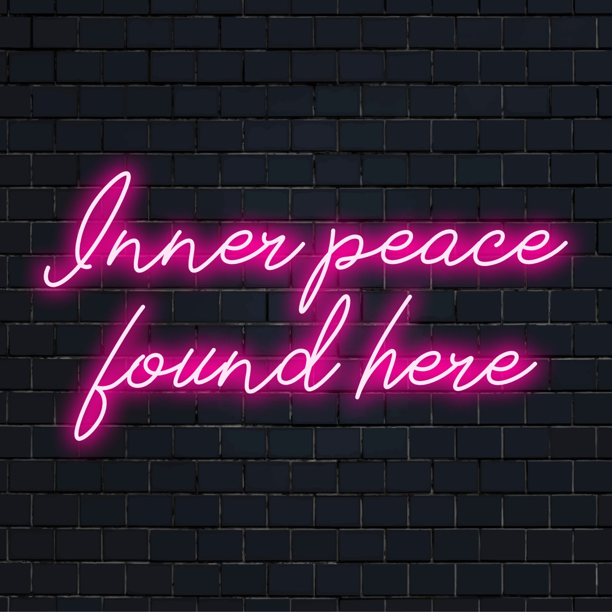 Op maat gemaakt LED-neonbord met de tekst 'Inner Peace Found Here', dat rustgevend licht uitstraalt. Perfect voor een rustige, sfeervolle inrichting.