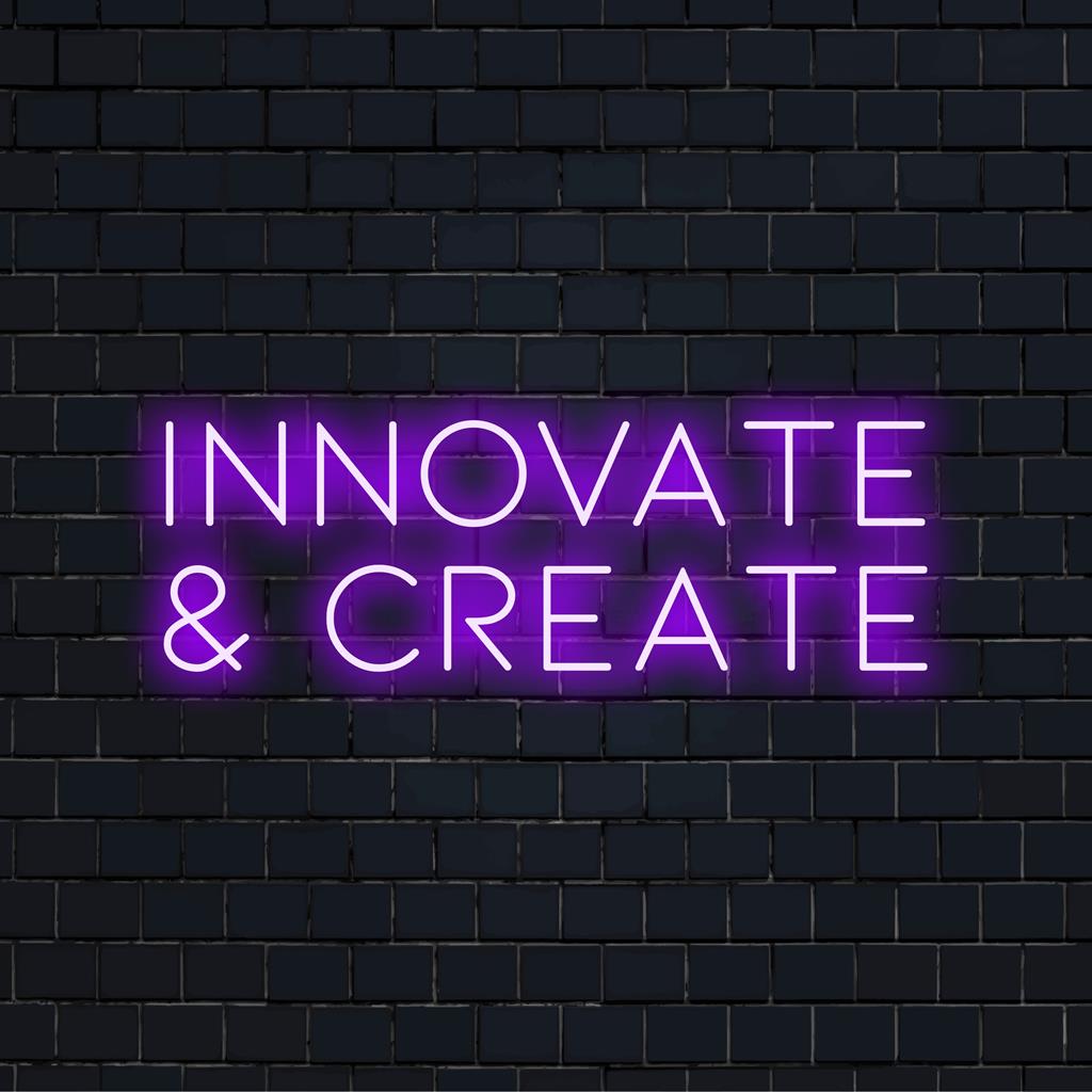 LED-neonreclame met de tekst 'Innovate and Create' in stijlvolle letters, perfect voor het inspireren van creativiteit in elke ruimte.