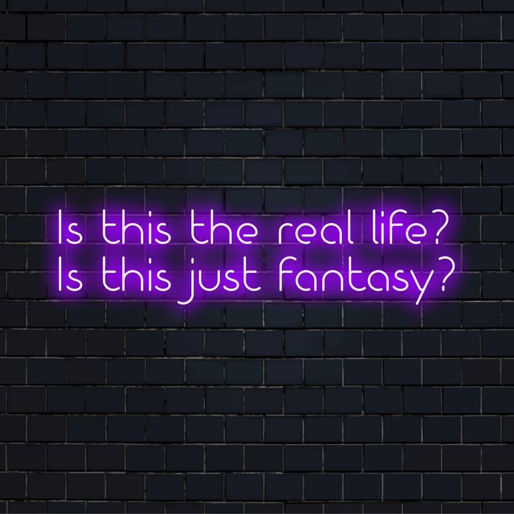 Speciaal LED-neonbord met de tekst Is This The Real Life Is This Just Fantasy, verlicht in heldere, pakkende kleuren.