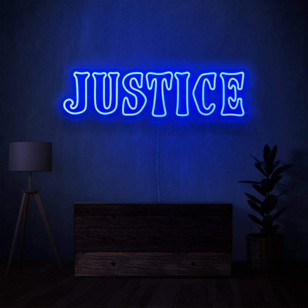 "Justice Neon Sign" - Verlicht uw ruimte met het krachtige symbool van rechtvaardigheid en creëer een sfeer van eerlijkheid en integriteit.