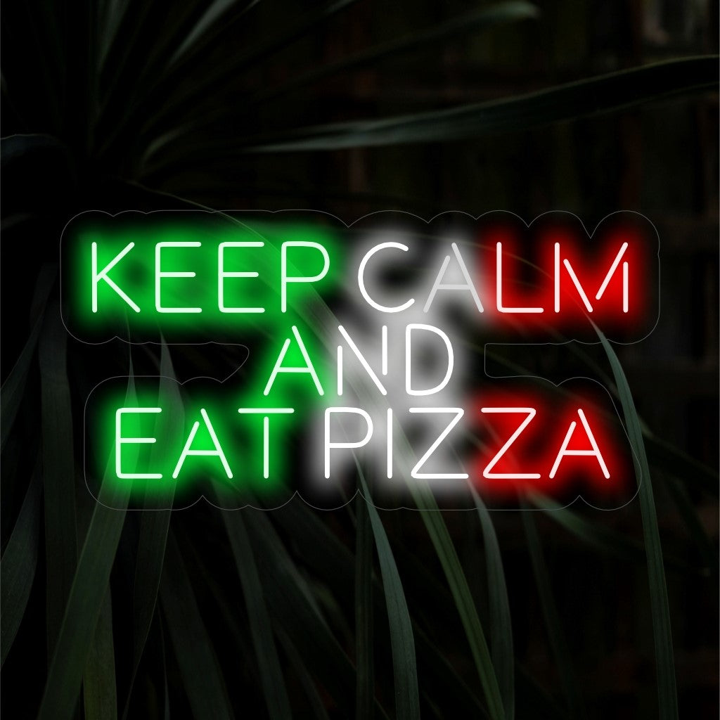 "Keep Calm And Eat Pizza Neon Sign" - Geef een pizzeria of keuken een ontspannen sfeer met deze levendige neonlamp. Ideaal voor het creëren van een ongedwongen en uitnodigende sfeer.