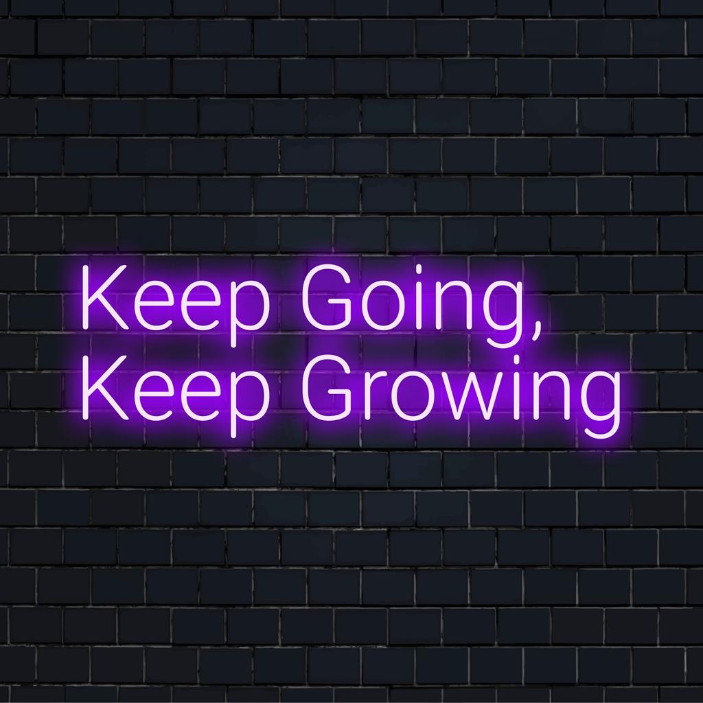 Levendig Keep Going, Keep Growing LED-neonbord, een mix van inspirerende citaten en kunstzinnige decoraties voor een persoonlijke muurdecoratie.