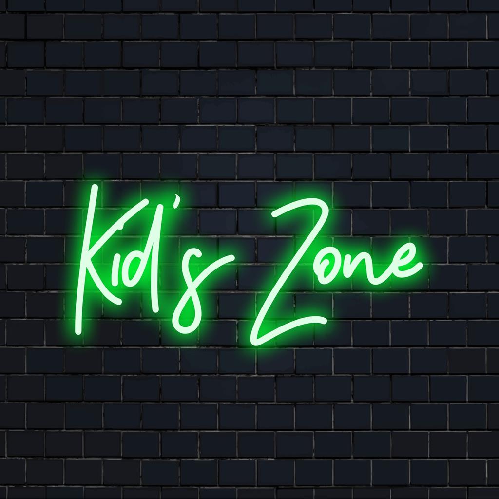 Op maat gemaakt LED-neonbord met de tekst 'Kid's Zone' in levendige kleuren, ideaal voor het opfleuren van kinderspeelruimtes.