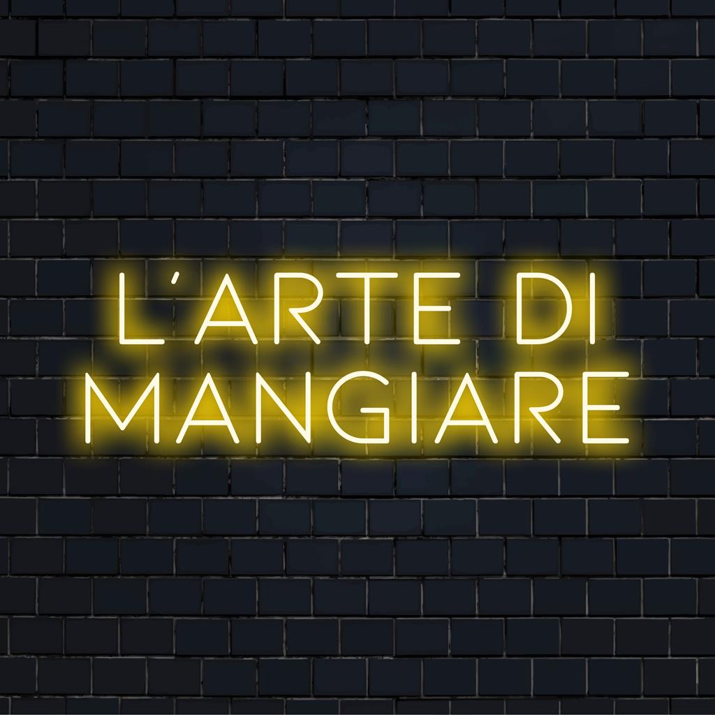 Op maat gemaakt LED-neonbord met L'arte Di Mangiare, perfect voor een moderne inrichting en het verlichten van culinaire ruimtes.