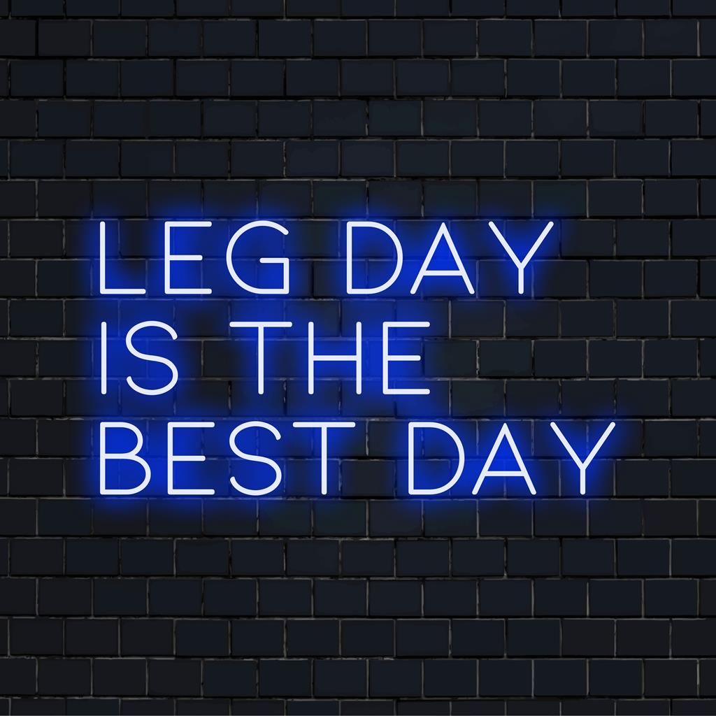 Op maat gemaakt LED-neonbord met de tekst Leg Day Is The Best Day in levendig licht. Perfecte decoratie voor de sportschool en een motiverende sfeer.