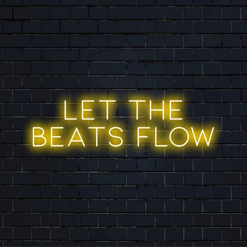 Levendig LED-neonbord met de ritmische tekst Let The Beats Flow, perfect voor een levendige ambiance of muziekthema-muurkunst.
