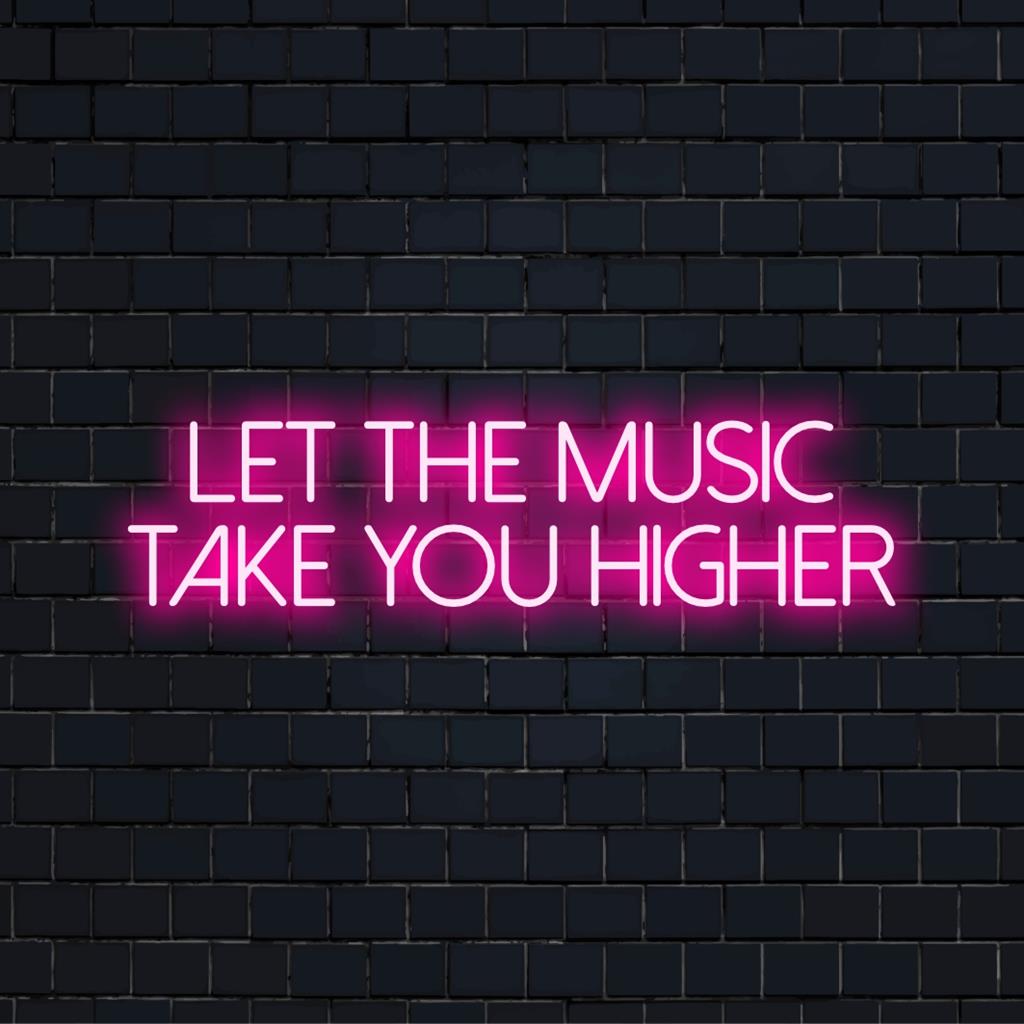Kleurrijk LED-neonbord met de tekst Let The Music Take You Higher, een levendige aanvulling op uw creatieve ruimte.