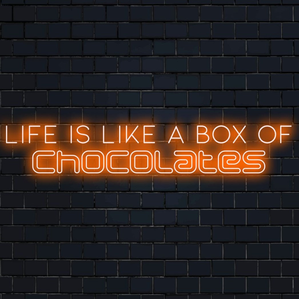 Aangepast LED-bord met de tekst Life Is Like A Box Of Chocolates, perfect als neonmuurkunst en gepersonaliseerde decoratie.