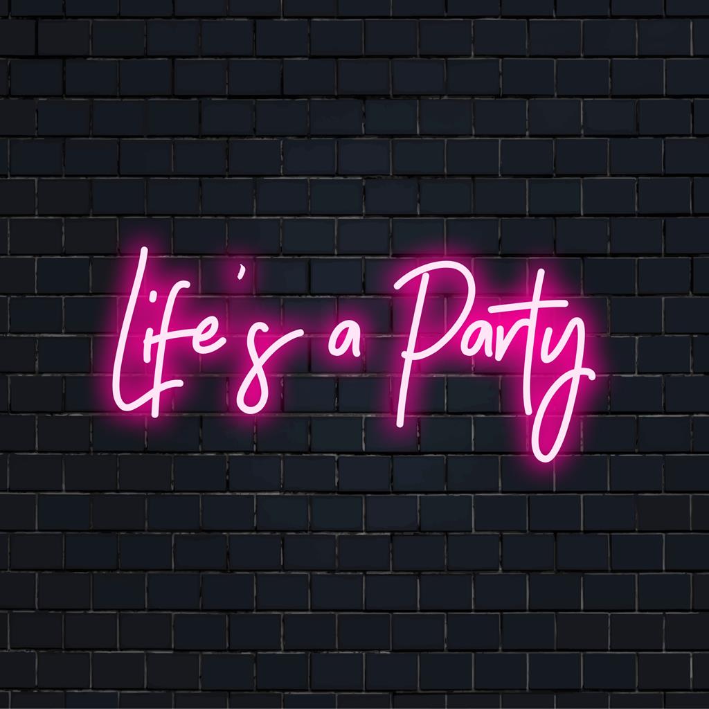 Op maat gemaakt LED-neonbord met de tekst Life's A Party, verlicht in levendige kleuren. Perfect voor een unieke decoratie voor thuis of op een evenement.