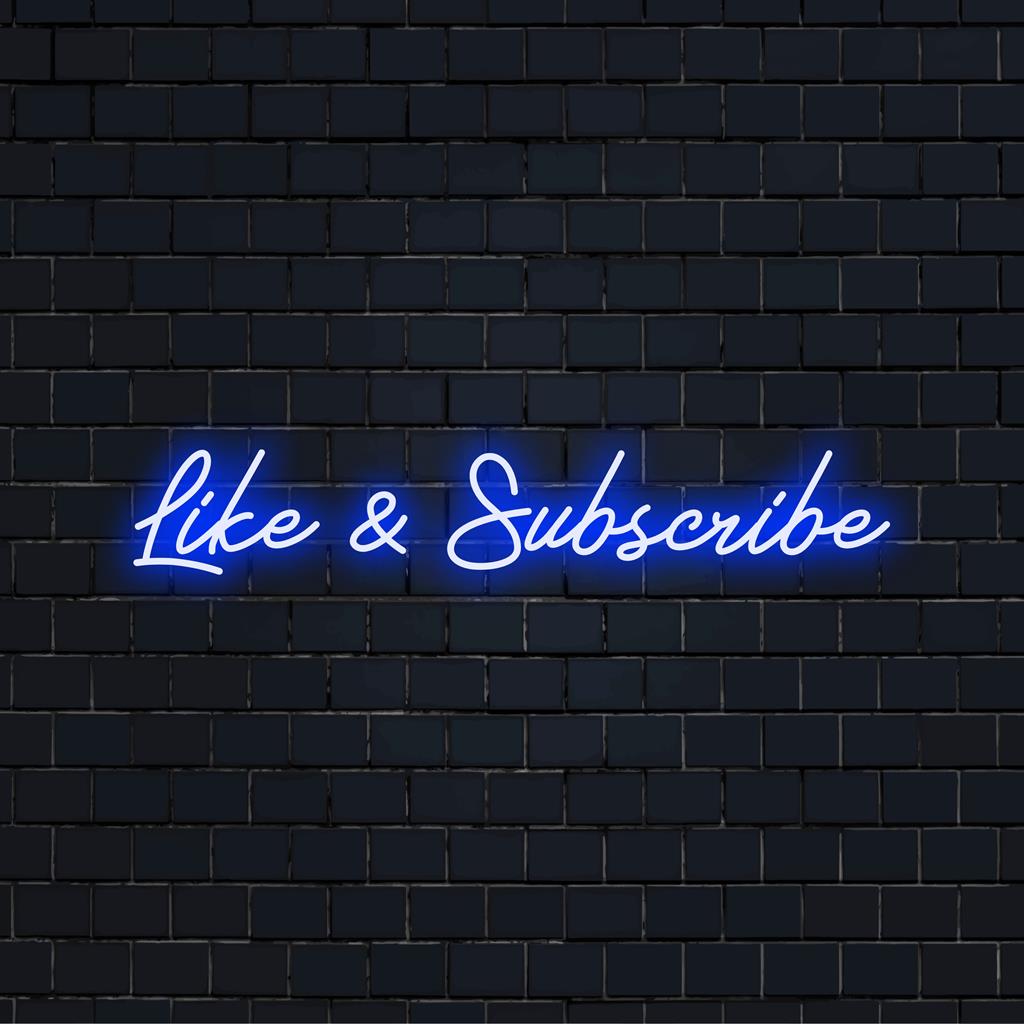 Op maat gemaakt LED-neonbord met de tekst 'Vind ik leuk' en 'Abonneer' in levendige letters; perfect om een vleugje uniekheid toe te voegen.