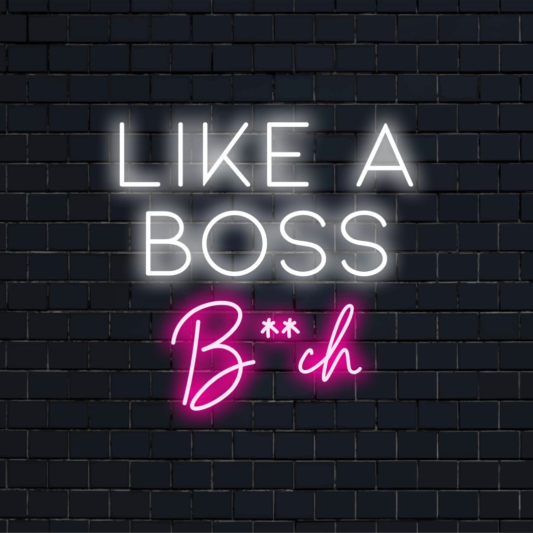 Aangepast LED-neonbord met de opvallende tekst: Like A Boss Bitch. Verlicht ruimtes met levendige neondecoraties.