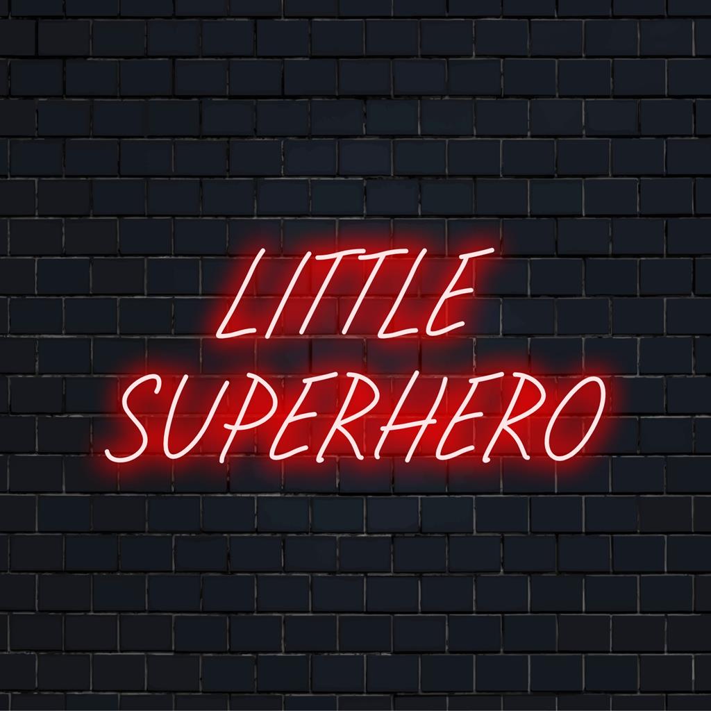 Neonlichtdecoratie met opvallende 'Little Superhero'-tekst in LED, perfect voor het verbeteren van de sfeer in een kinderkamer of speelruimte.