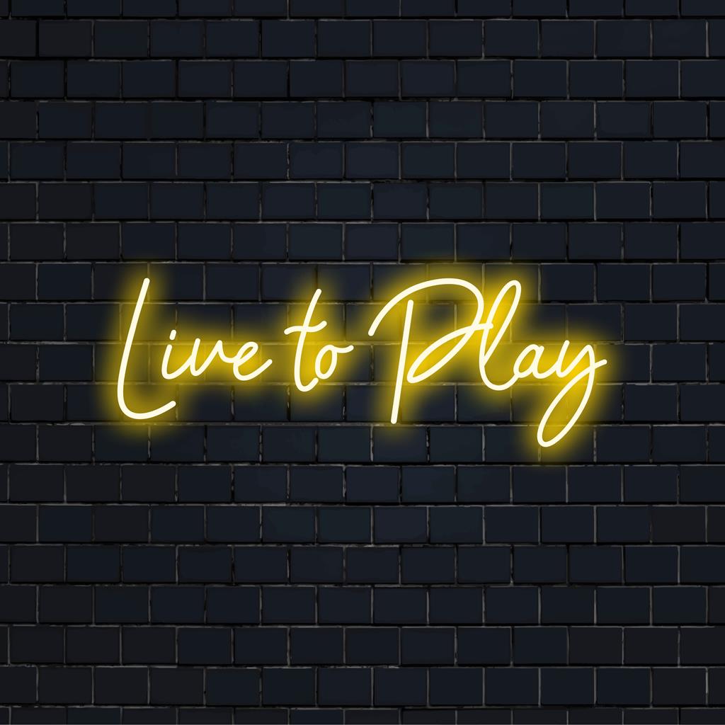 LED-neonreclame met de tekst Live To Play, helder oplichtend. Ideaal voor liefhebbers van expressieve neonkunst.