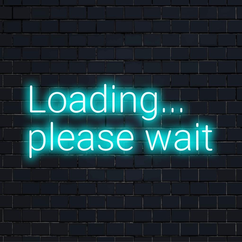 Vorm van een batterij met de tekst 'Loading... Please Wait'; LED-neonreclame; perfecte moderne kamerinrichting en aangepast tekstontwerp.
