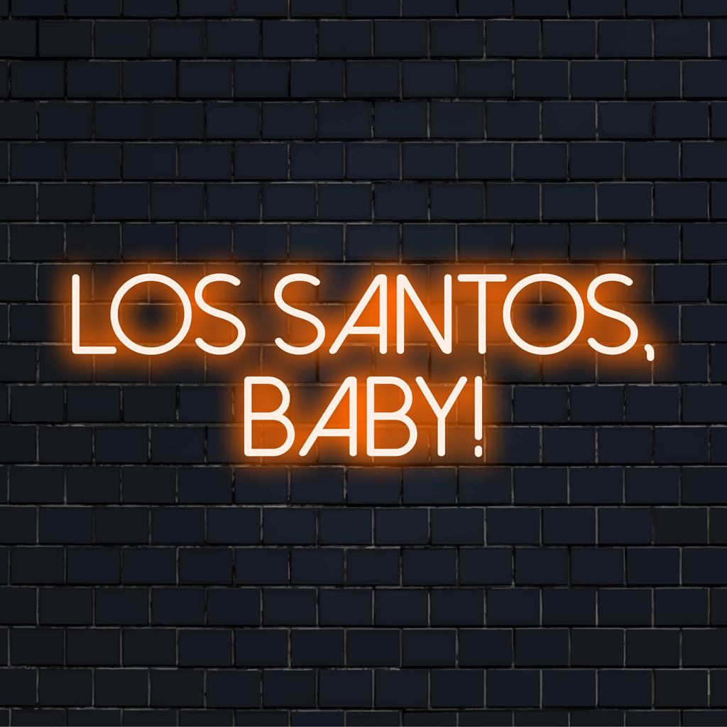 Levendig LED-neonbord met de tekst Los Santos, Baby!; perfect voor liefhebbers van neondecoraties die op zoek zijn naar unieke verlichting.