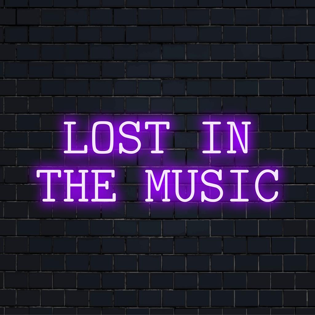 Levendig Lost In The Music LED-neonbord; perfect neoncitaat om uw ruimte te personaliseren met een unieke, verlichte flair.