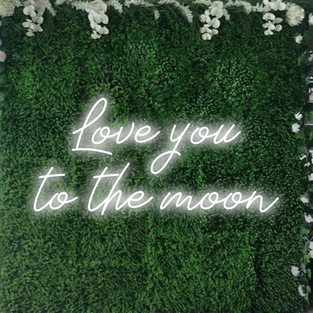 Op maat gemaakt neonbord met de tekst Love You To The Moon in gloeiende LED, ideaal voor gepersonaliseerde neoncitaatdecoratie.