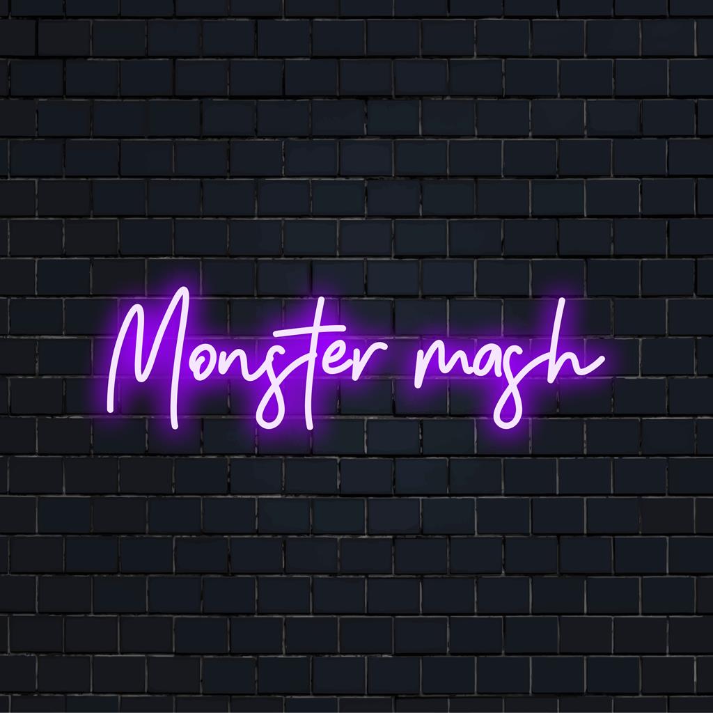 Speciaal LED-neonbord met de titel Monster Mash, met unieke handgemaakte kunst als levendige neonmuurdecoratie.