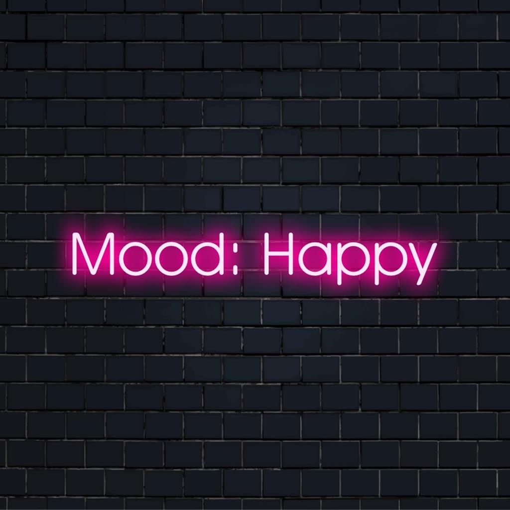 Op maat gemaakt LED-neonbord met de tekst 'Mood Happy' in heldere, levendige kleuren, ideaal om uw ruimte te verfraaien.