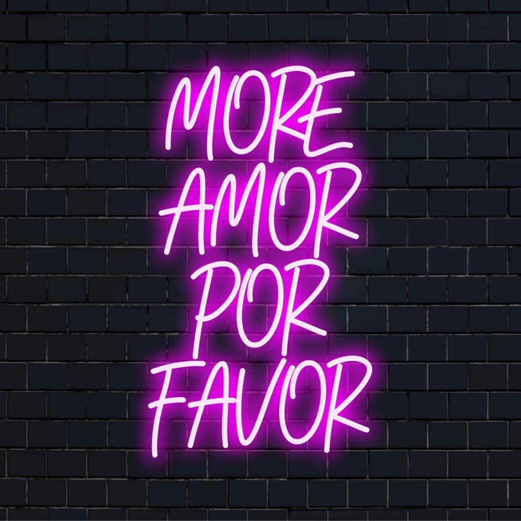 Op maat gemaakt LED-neonbord met de tekst More Amor Por Favor in een stijlvol lettertype; perfect voor gepersonaliseerde wanddecoratie.