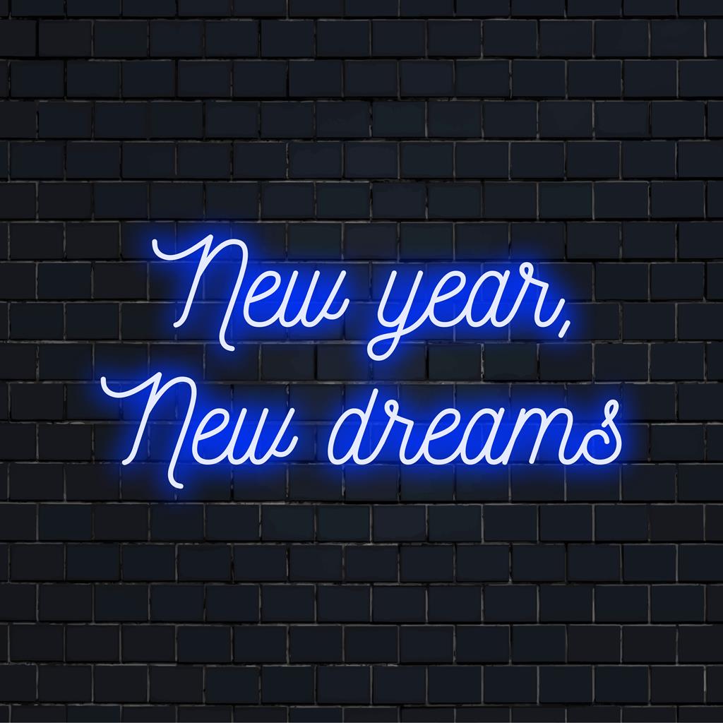 Levendig, op maat gemaakt LED-neonbord met de tekst 'New Year, New Dreams'. Ideaal om een vleugje optimisme en moderne decoratie aan elke ruimte toe te voegen.