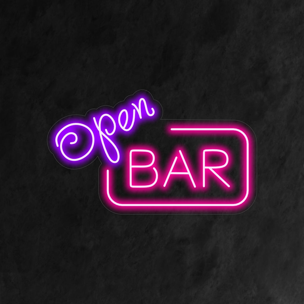 "Open Bar Neon Sign" is een feestelijke en uitnodigende toevoeging, perfect voor ruimtes die feest en een levendige sfeer omarmen. Verlicht met de belofte van een open bar!