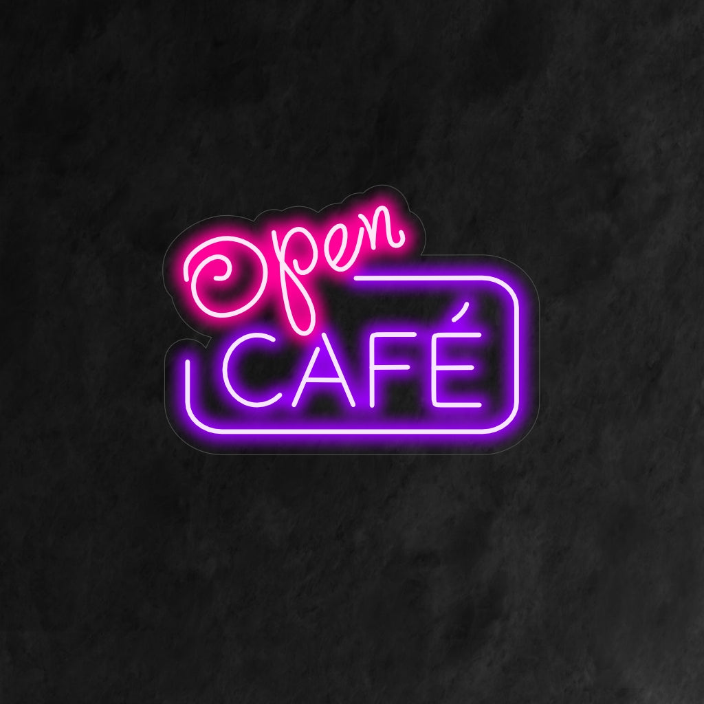"Open Cafe Neon Sign" is een gastvrije en uitnodigende toevoeging, perfect voor ruimtes die de warmte van een koffiebar uitstralen. Verlicht met de belofte van open deuren en een gezellige ambiance!