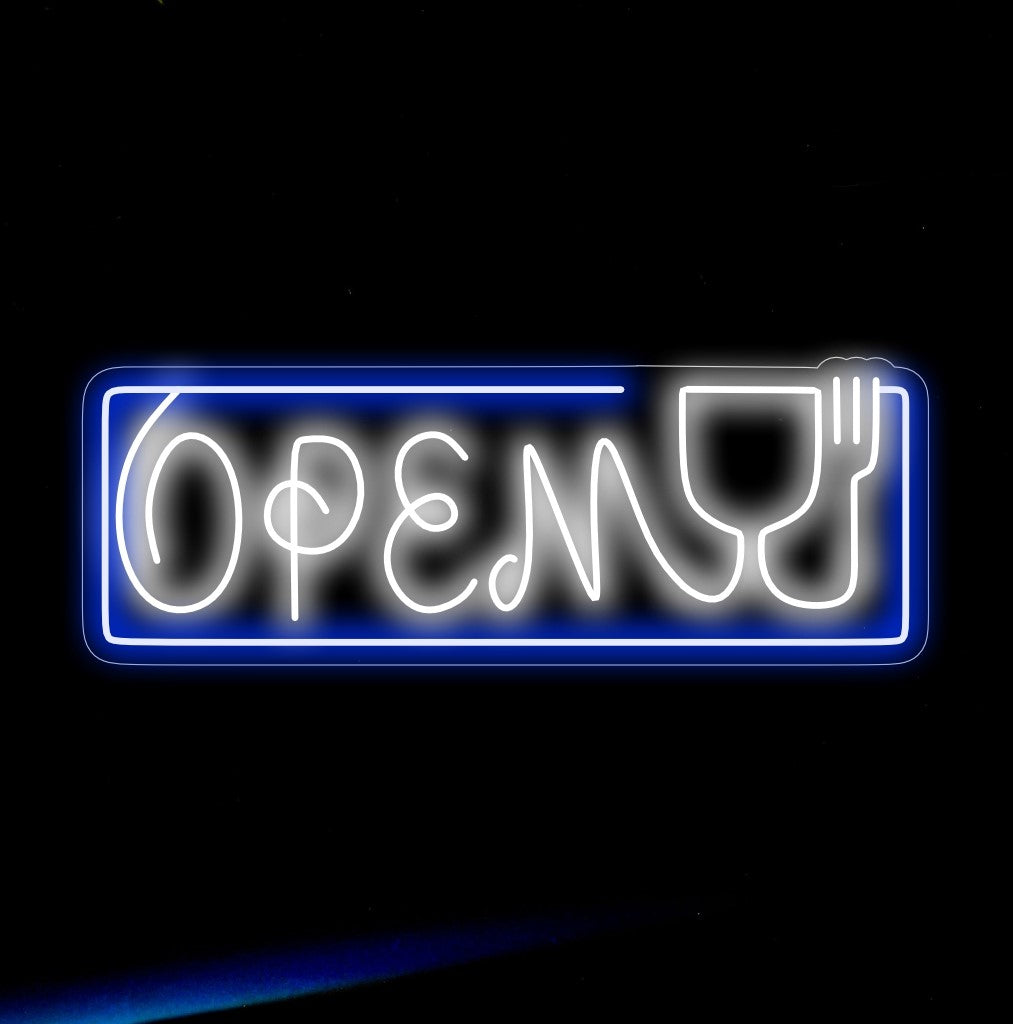 "Open met Vork en Glas Neon Sign" is een gastronomische en verfijnde toevoeging, perfect voor restaurants die gasten uitnodigen om te genieten van een heerlijke dinerervaring. Verlicht met de belofte van culinaire hoogstandjes!