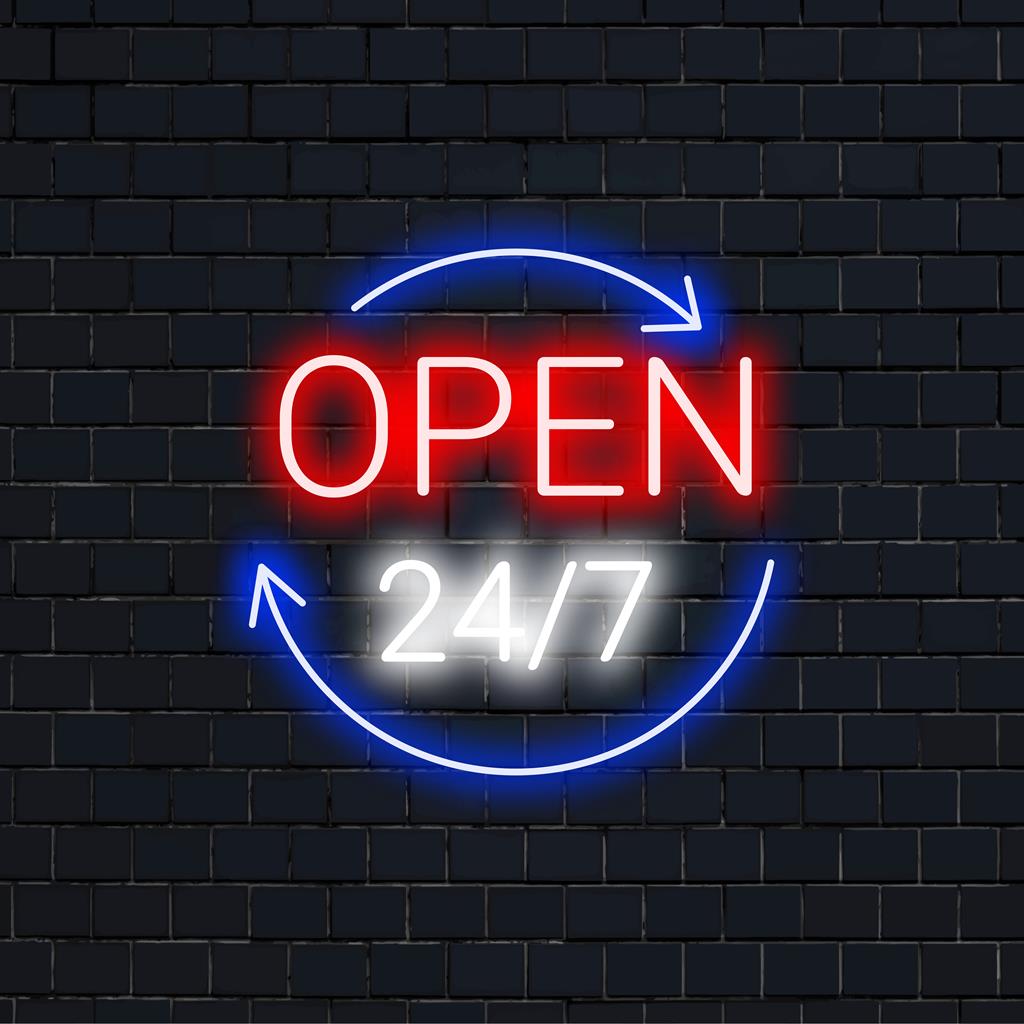Neonreclame met de tekst 'Open 24/7' in opvallende LED-verlichting is een opvallende decoratie voor elke ruimte.