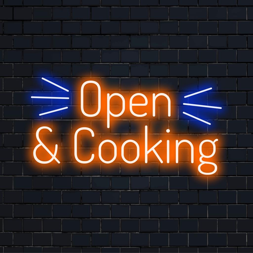 Op maat gemaakt LED-neonbord met Open And Cooking, perfect voor dynamische decoratieve vibes en persoonlijke verlichting.