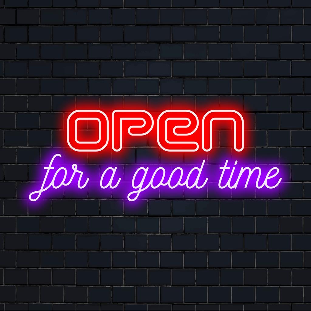 Levendig 'Open For A Good Time' LED-neonbord; perfect voor bars of huizen. Voegt een speelse gloed en een uitnodigende sfeer toe.