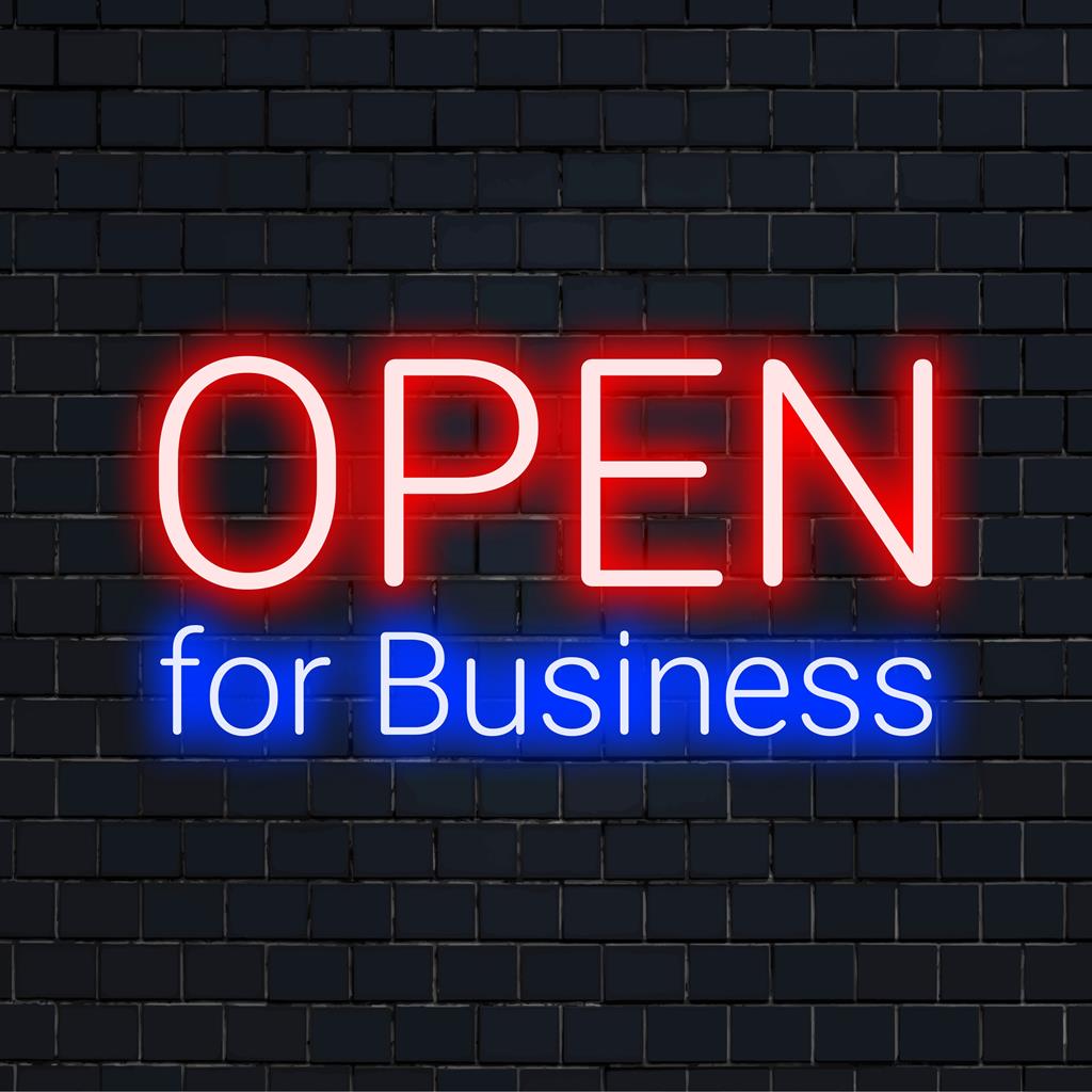 Open For Business neonreclame in levendig roze, perfect voor winkelpuien; een uitnodigend LED-statement.