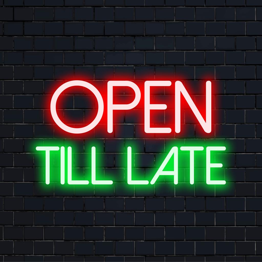 LED-neonreclame met het 'Open Till Late'-ontwerp; perfect voor bedrijven. Ideale, op maat gemaakte LED-decoratie voor elke ruimte die 's avonds laat open is.